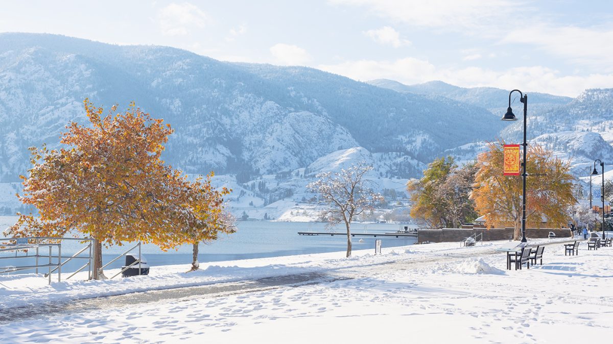 Scenic winter view of Skaha Lake and mountains after a snowstorm