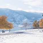 Scenic winter view of Skaha Lake and mountains after a snowstorm